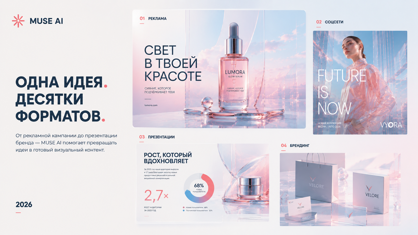 Слайд серии MUSE AI: Одна идея. Десятки форматов